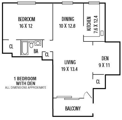 Floor plan for 1 bed, 1 bath, 768 sqft