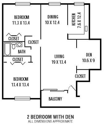 Floor plan for 2 beds, 1 bath, 803 sqft