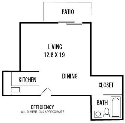 Floor plan for studio, 1 bath, 352 sqft