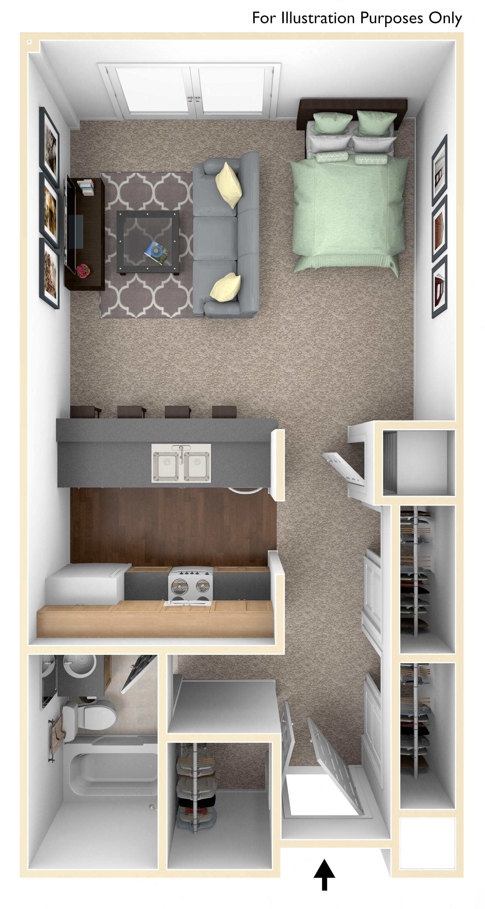 Floor plan for studio, 1 bath, 504 sqft