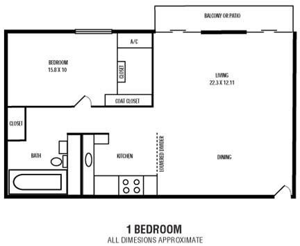 Floor plan for 1 bed, 1 bath, 708 sqft