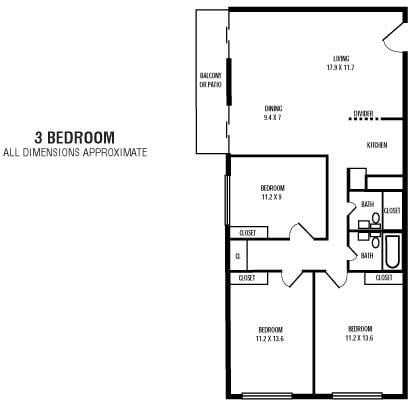 Floor plan for 3 beds, 1.5 baths, 990 sqft