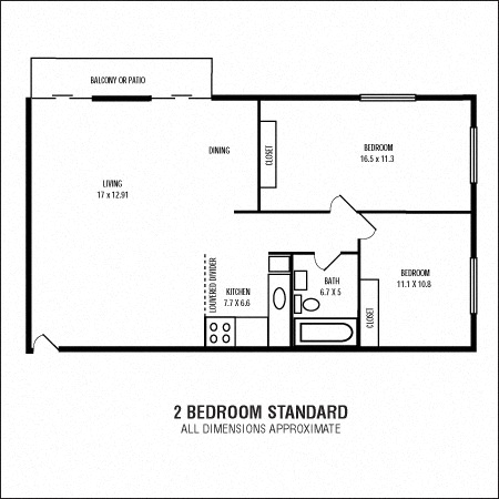 Floor plan for 2 beds, 1 bath, 814 sqft