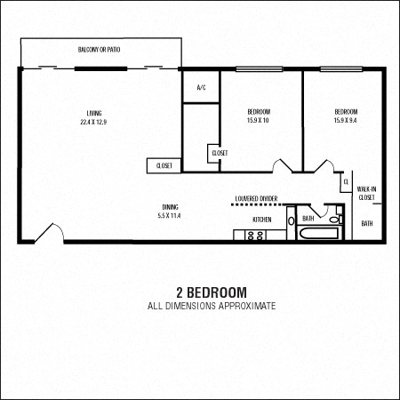 Floor plan for 2 beds, 1.5 baths, 850 sqft