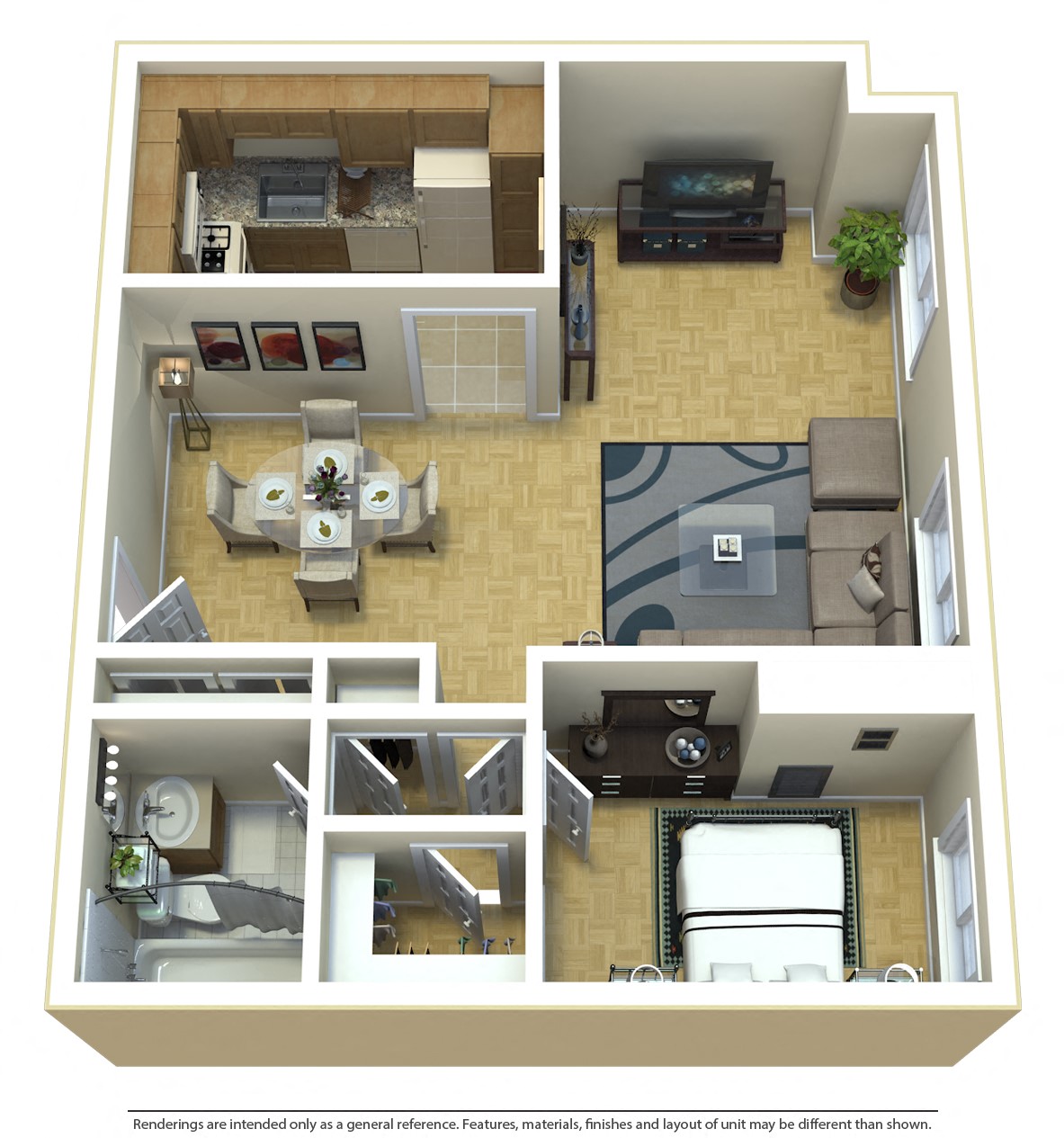 Floor plan for 1 bed, 1 bath, 1105 sqft