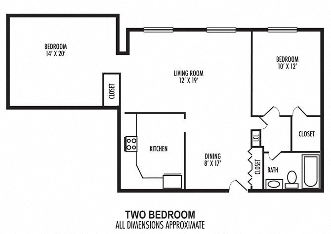 Floor plan for 2 beds, 1 bath, 1099 sqft