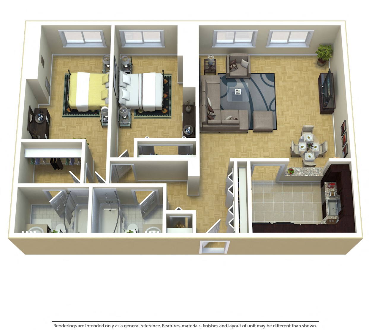 Floor plan for 2 beds, 2 baths, 1360 sqft