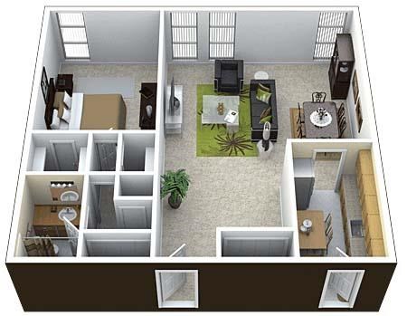 Floor plan for 1 bed, 1 bath, 970 sqft