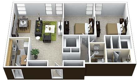 Floor plan for 2 beds, 2 baths, 1250 sqft