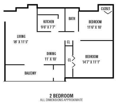 Floor plan for 2 beds, 1 bath, 784 sqft