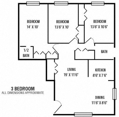 Floor plan for 3 beds, 1 bath, 930 sqft