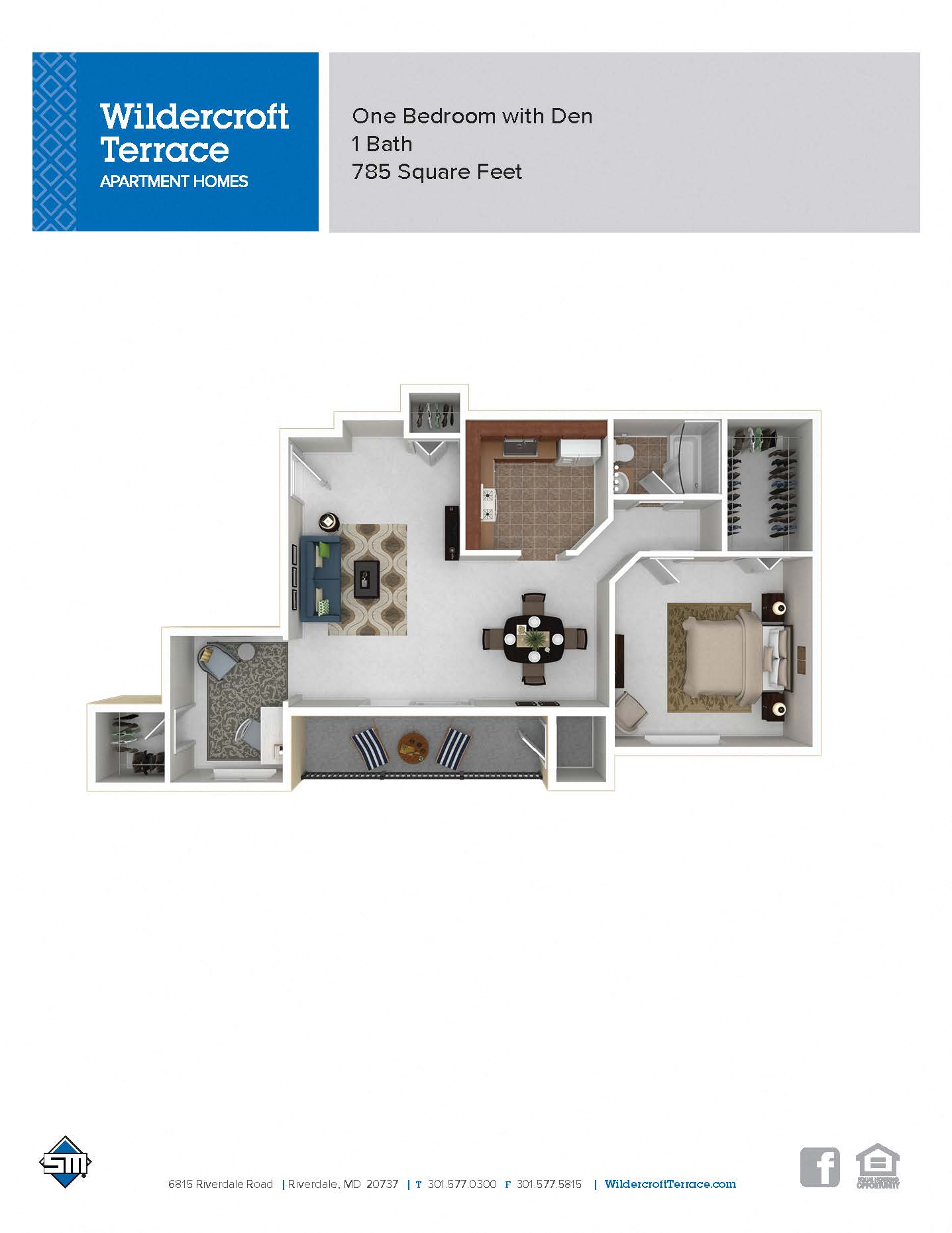 Floor plan for 1 bed, 1 bath, 785 sqft
