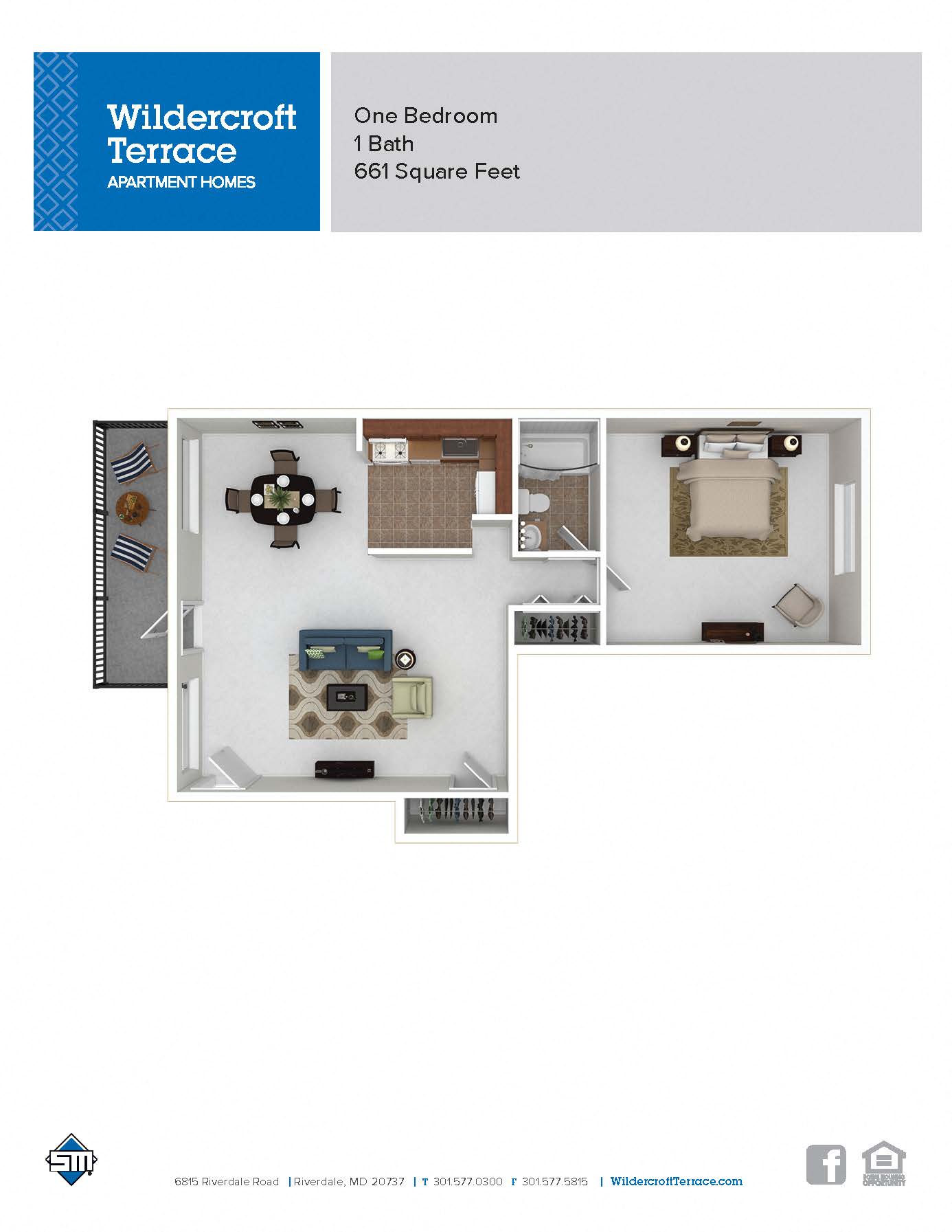 Floor plan for 1 bed, 1 bath, 677 sqft