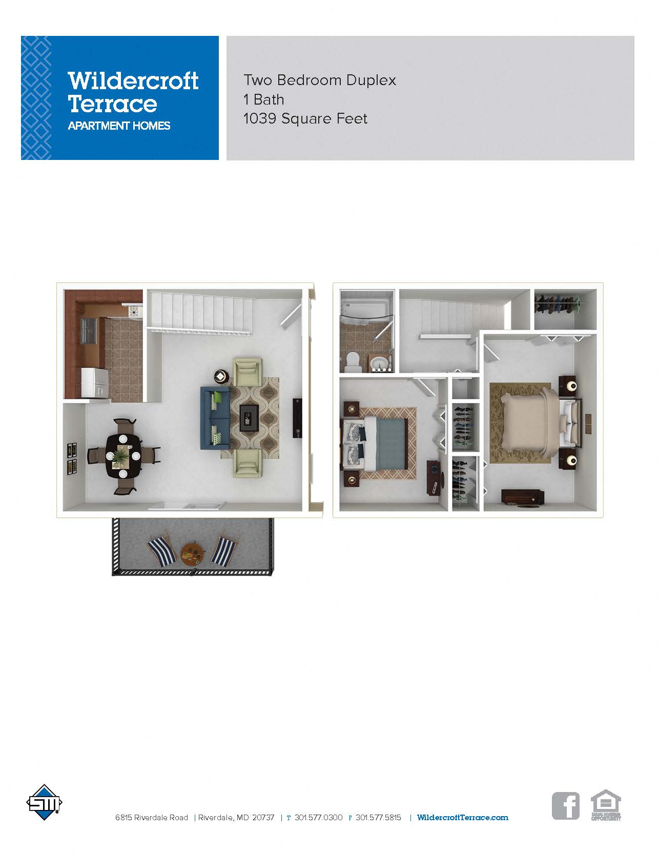 Floor plan for 2 beds, 1 bath, 1039 sqft