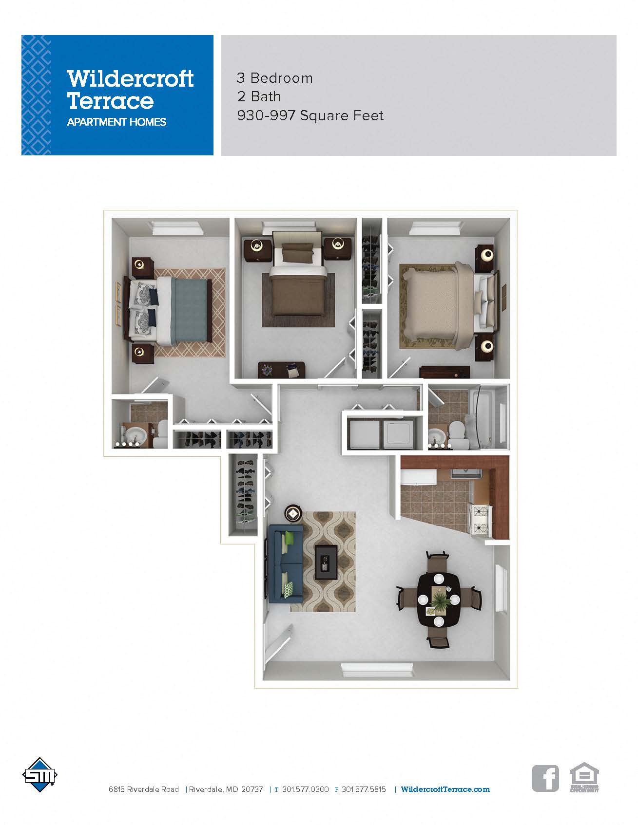 Floor plan for 3 beds, 1.5 baths, 997 sqft