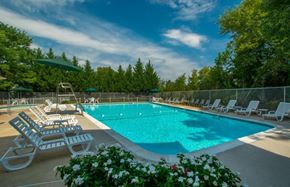 Woodbridge apartment for rent - a large swimming pool with chairs and umbrellas