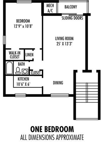 Floor plan for 1 bed, 1 bath, 750 sqft