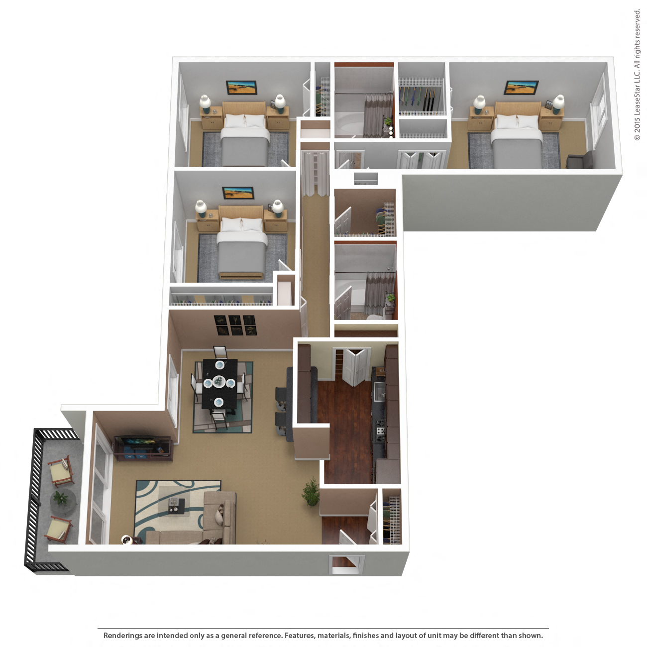 Floor plan for 3 beds, 2 baths, 1192 sqft