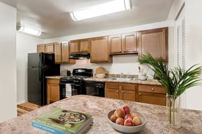 Lanham apartment for rent - a kitchen with black appliances and wooden cabinets