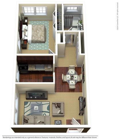 Floor plan for 1 bed, 1 bath, 597 sqft