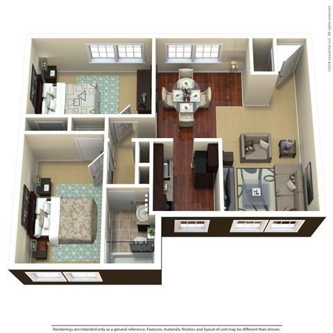 Floor plan for 2 beds, 1 bath, 747 sqft