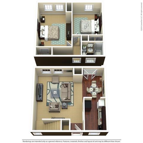 Floor plan for 2 beds, 1 bath, 784 sqft