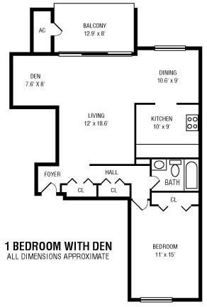 Floor plan for 1 bed, 1 bath, 830 sqft