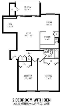 Floor plan for 2 beds, 1 bath, 1120 sqft
