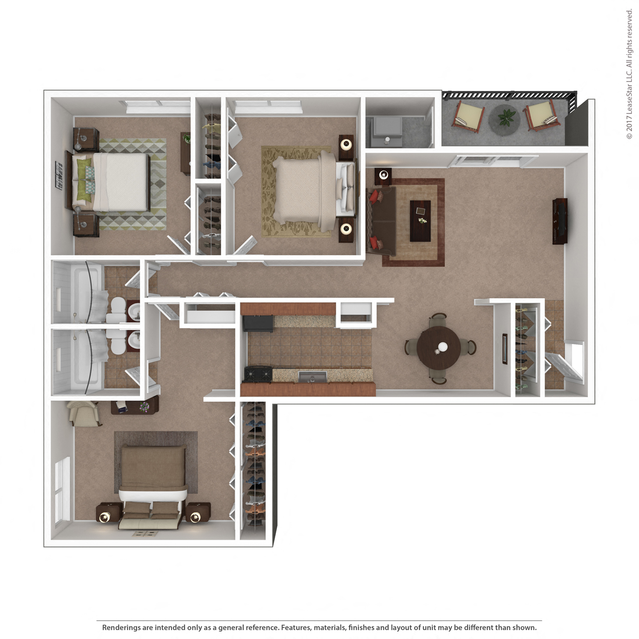 Floor plan for 3 beds, 2 baths, 1260 sqft