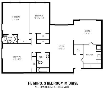 Floor plan for 3 beds, 2 baths, 1200 sqft