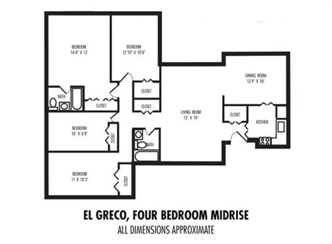 Floor plan for 4 beds, 2 baths, 1340 sqft