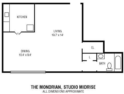 Floor plan for studio, 1 bath, 530 sqft