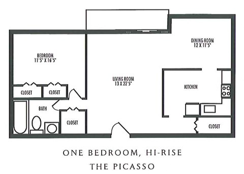 Floor plan for 1 bed, 1 bath, 965 sqft