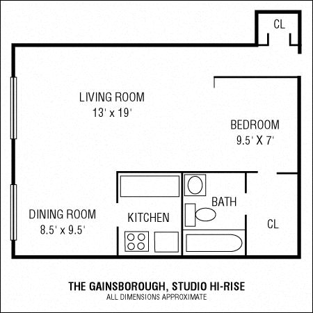 Floor plan for studio, 1 bath, 630 sqft