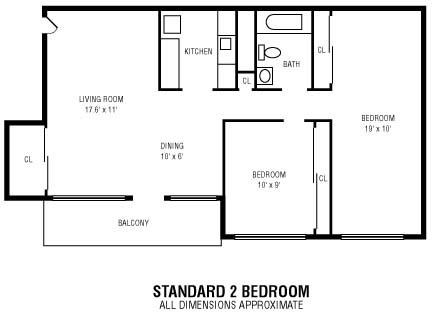 Floor plan for 2 beds, 1 bath, 655 sqft