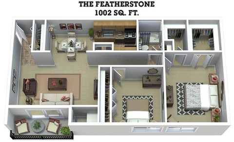 Floor plan for 2 beds, 1 bath, 1002 sqft