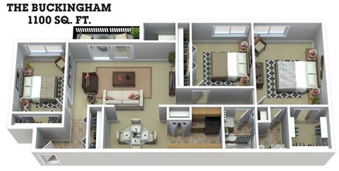 Floor plan for 3 beds, 1.5 baths, 1100 sqft