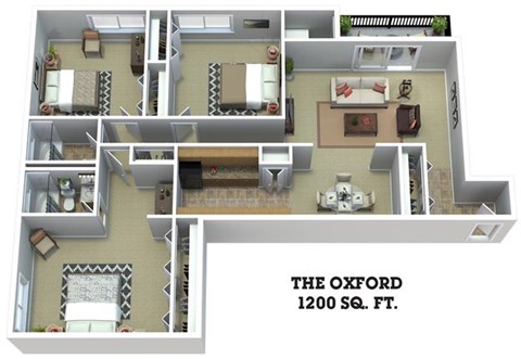 Floor plan for 3 beds, 2 baths, 1200 sqft