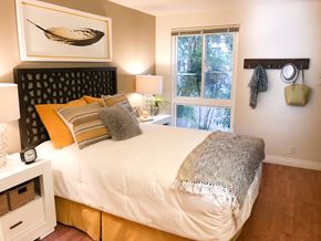 San Jose apartment for rent - a bedroom with a large bed and a window