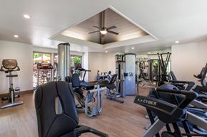 Mountain View apartment for rent - a gym with various exercise machines and a ceiling fan