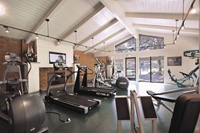 Cupertino apartment for rent - A gym with a rowing machine, treadmill, and exercise bikes.