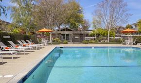 Cupertino apartment for rent - a swimming pool with chairs and umbrellas and a house in the background