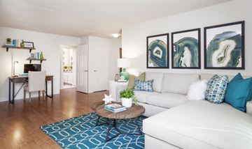 Cupertino apartment for rent - a living room with a white couch and a coffee table