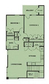 Floor plan for 2 beds, 1 bath, 1006 sqft