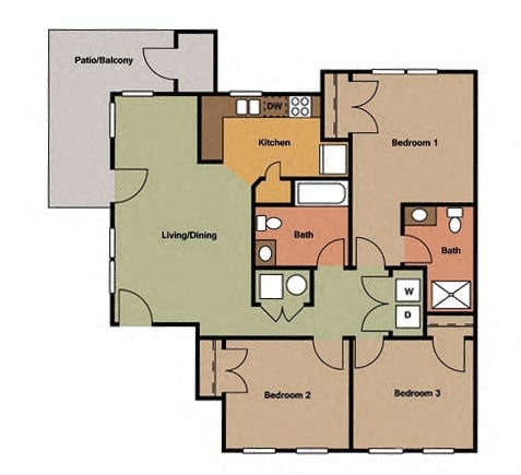 Floor plan for 3 beds, 2 baths, 1139 sqft