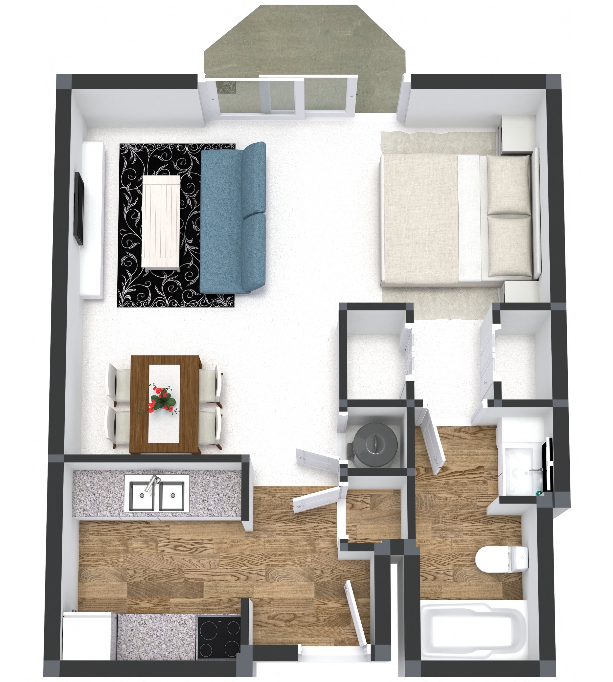 Floor plan for studio, 1 bath, 592 sqft
