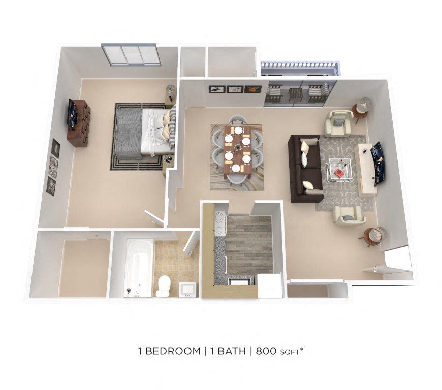 Floor plan for 1 bed, 1 bath, 800 sqft
