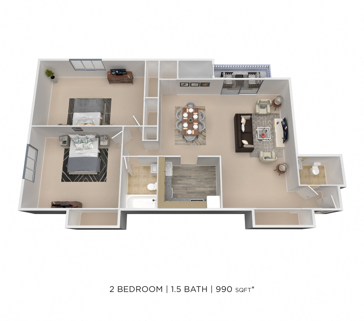 Floor plan for 2 beds, 1.5 baths, 980 sqft