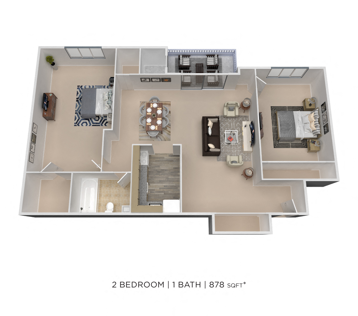 Floor plan for 2 beds, 1 bath, 878 sqft