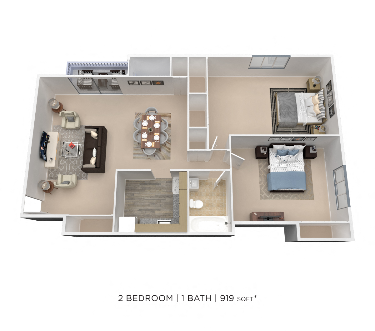 Floor plan for 2 beds, 1 bath, 919 sqft